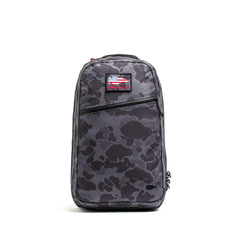 GORUCK Bullet 16L backpack in black Frogskin camo with front zip pocket and American flag patch