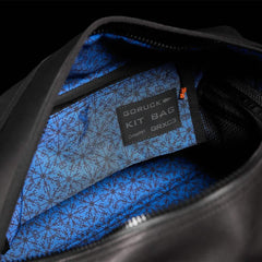 GORUCK Kit Bag interior with blue patterned lining and branded label, open zipper view