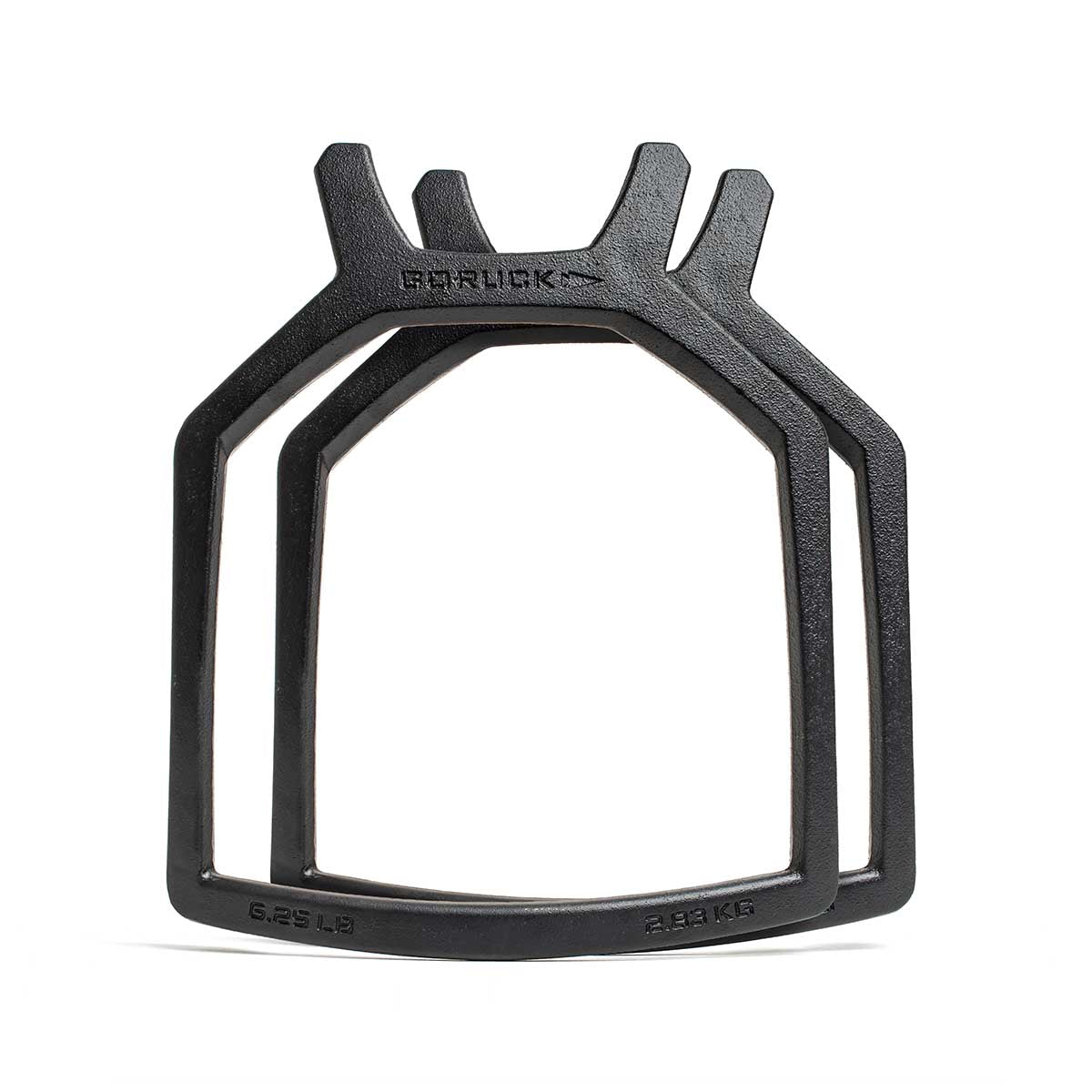 The Weight Vest + Curved Plate Bundle includes two black metal weights with cutout centers (6.25 LB/2.83 KG), stacked upright—ideal for ruck plates or enhancing your training routine.
