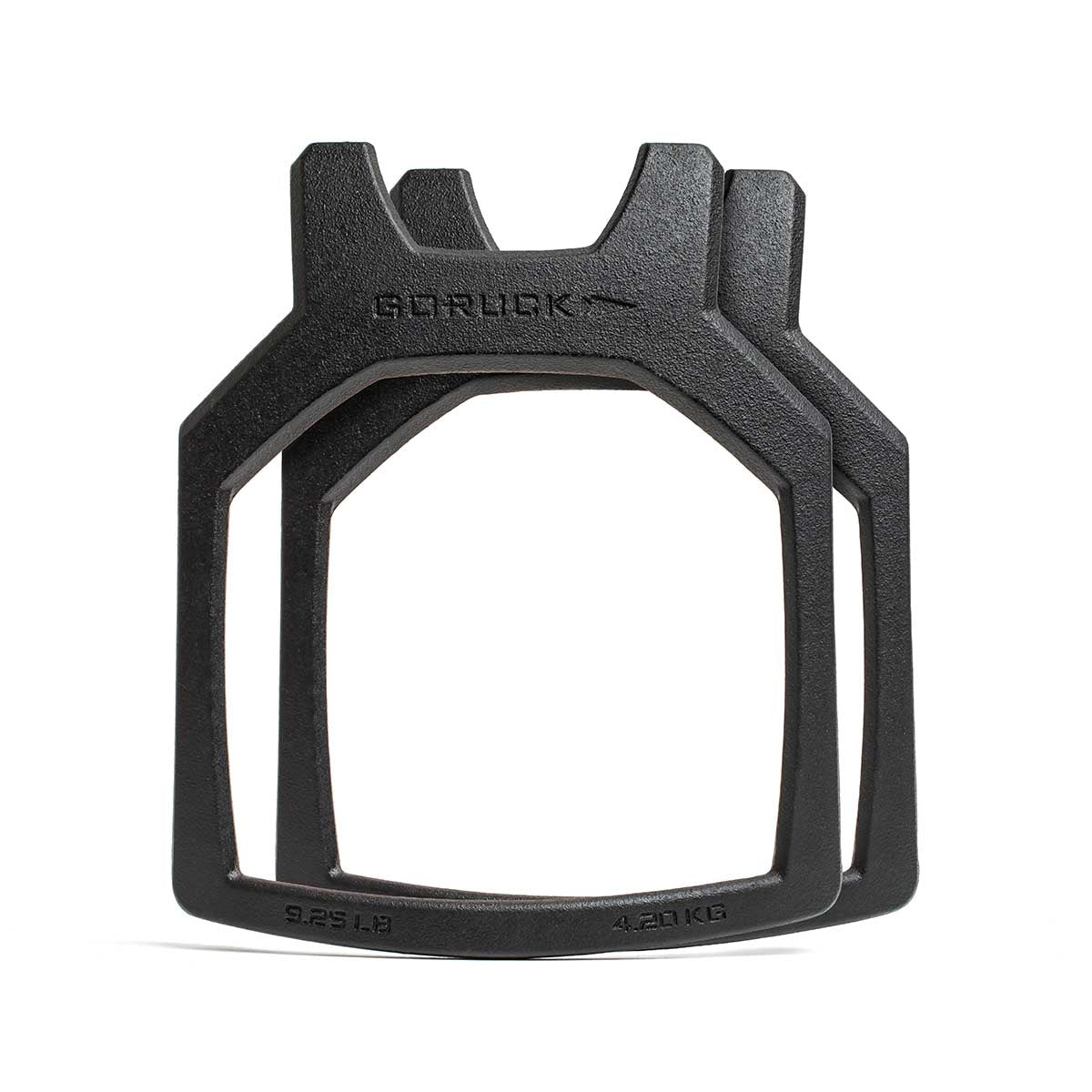 Two black, rectangular Curved Rucking Weight Vests with cutouts are stacked upright against a white background—ideal for adding resistance to your rucking sessions or weight vest workouts.