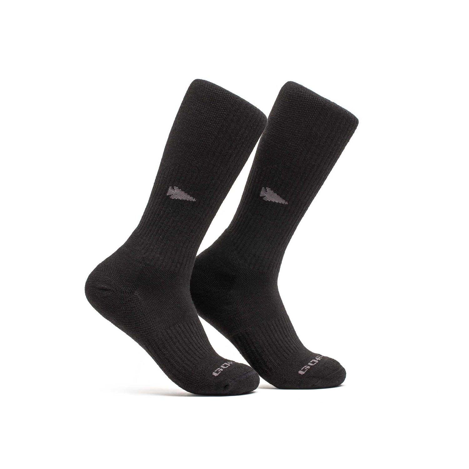 A pair of black Merino Compression Socks with a subtle logo, shown standing upright against a white background.
