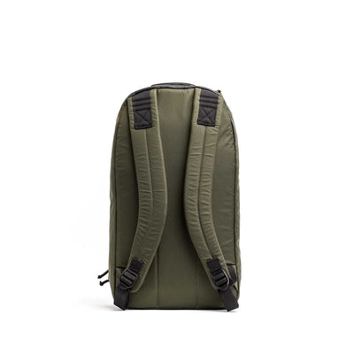 The Bullet X-PAC backpack in olive green is shown from the back, featuring padded straps, black accents, and durable AquaGuard zippers.