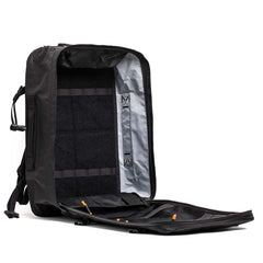 The GR3 - X-PAC carry-on backpack is shown unzipped, revealing a spacious, organized interior with mesh pockets and attachment points. Made from waterproof material and protected by the Scars Lifetime Guarantee for lasting durability.