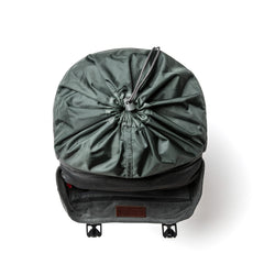 GORUCK rucksack top view in slate color, drawstring closure, open flap, rugged gear