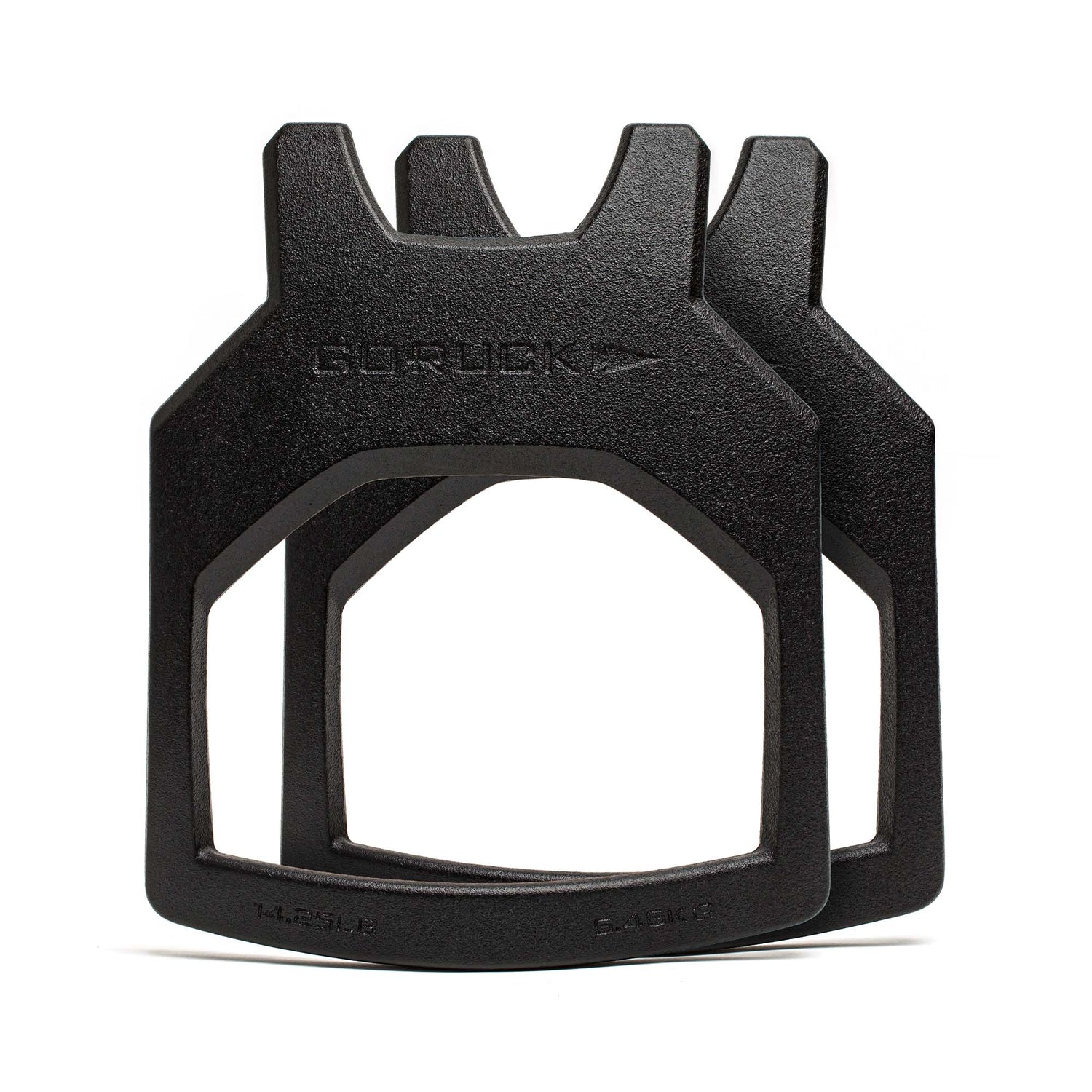 Two black, rectangular Curved Ruck Plates with handles overlap, each embossed 