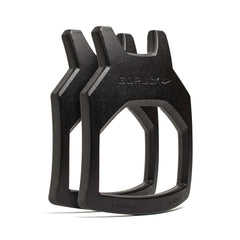 Two black, angular metal Curved Ruck Plates stand upright and partially overlap, featuring embossed text on the surface.