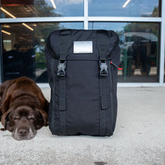 A brown dog lies on concrete next to an M26 PREORDER // Q4 2026 ETA pack with a bombproof laptop compartment, in front of a glass building.