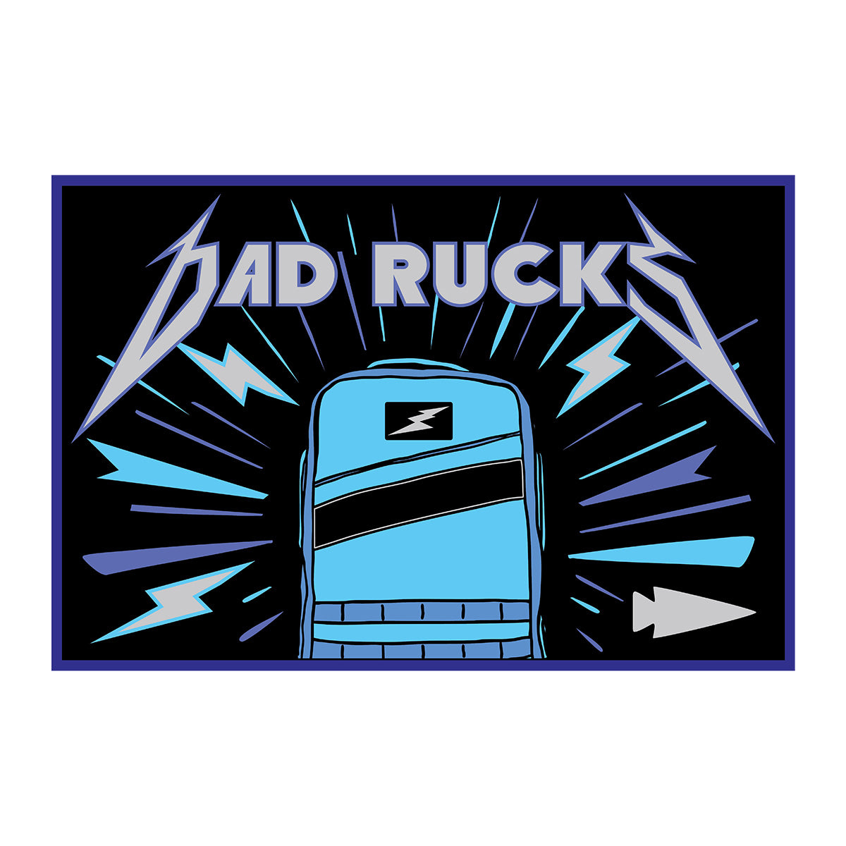 Illustration of a blue backpack with "Bad Rucks" text, lightning bolts, and a Dad Rucks patch on a black background—featuring the Patch - Fathers Day Anti-Virtual Challenge, ideal for Father's Day or your next rucking event.