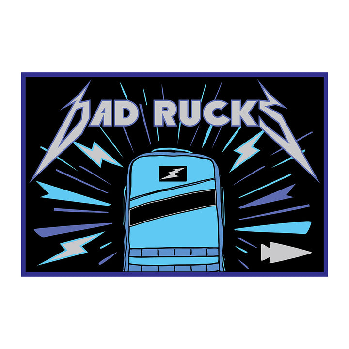 Illustration of a blue backpack with "Bad Rucks" text, lightning bolts, and a Dad Rucks patch on a black background—featuring the Patch - Fathers Day Anti-Virtual Challenge, ideal for Father's Day or your next rucking event.