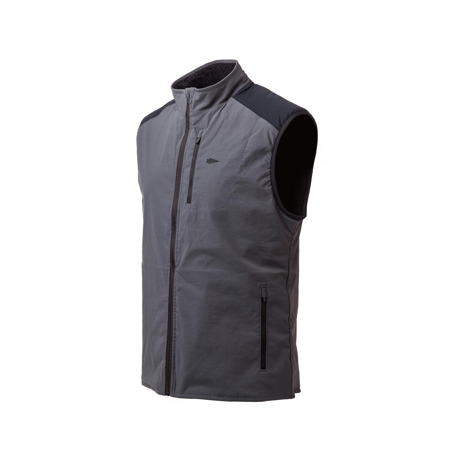 Men's Vest of Power - ToughDry® + Fleece: gray, sleeveless zip-up travel vest with high collar and black zipper, shown on a white background.