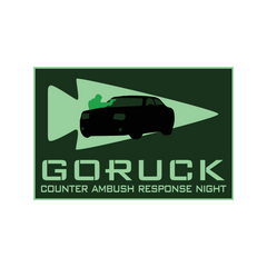 Dark green logo with a car silhouette and "GORUCK Counter Ambush Response Night." Part of Capstone Tactical Weekend, focusing on tactical decision making in Greenville, SC.