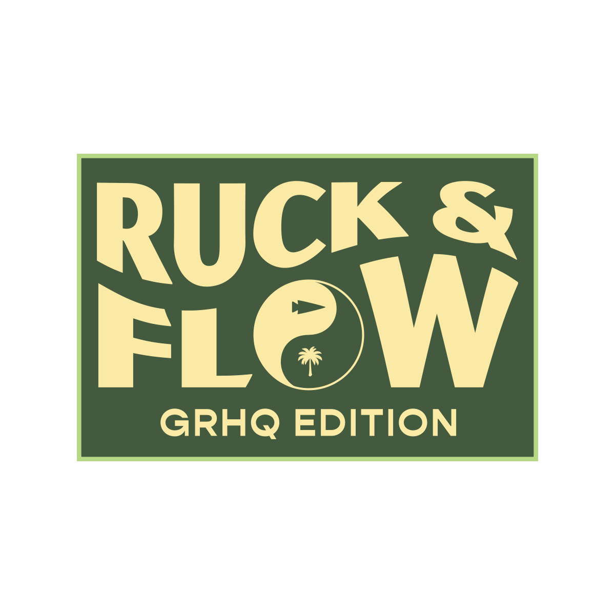 Logo for the JACKSONVILLE BEACH RUCK & FLOW 2026, featuring a yin-yang symbol with a palm tree and event text, designed for a GORUCK retreat at Jacksonville Beach.
