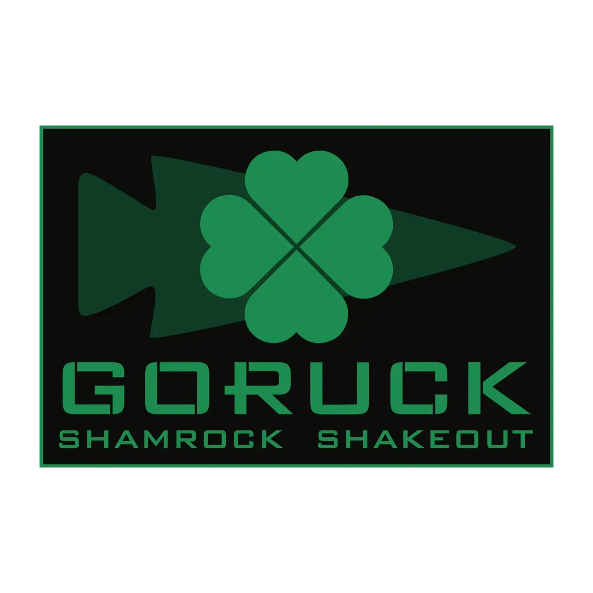 GORUCK Shamrock Shakedout logo with green clover and arrowhead on black background