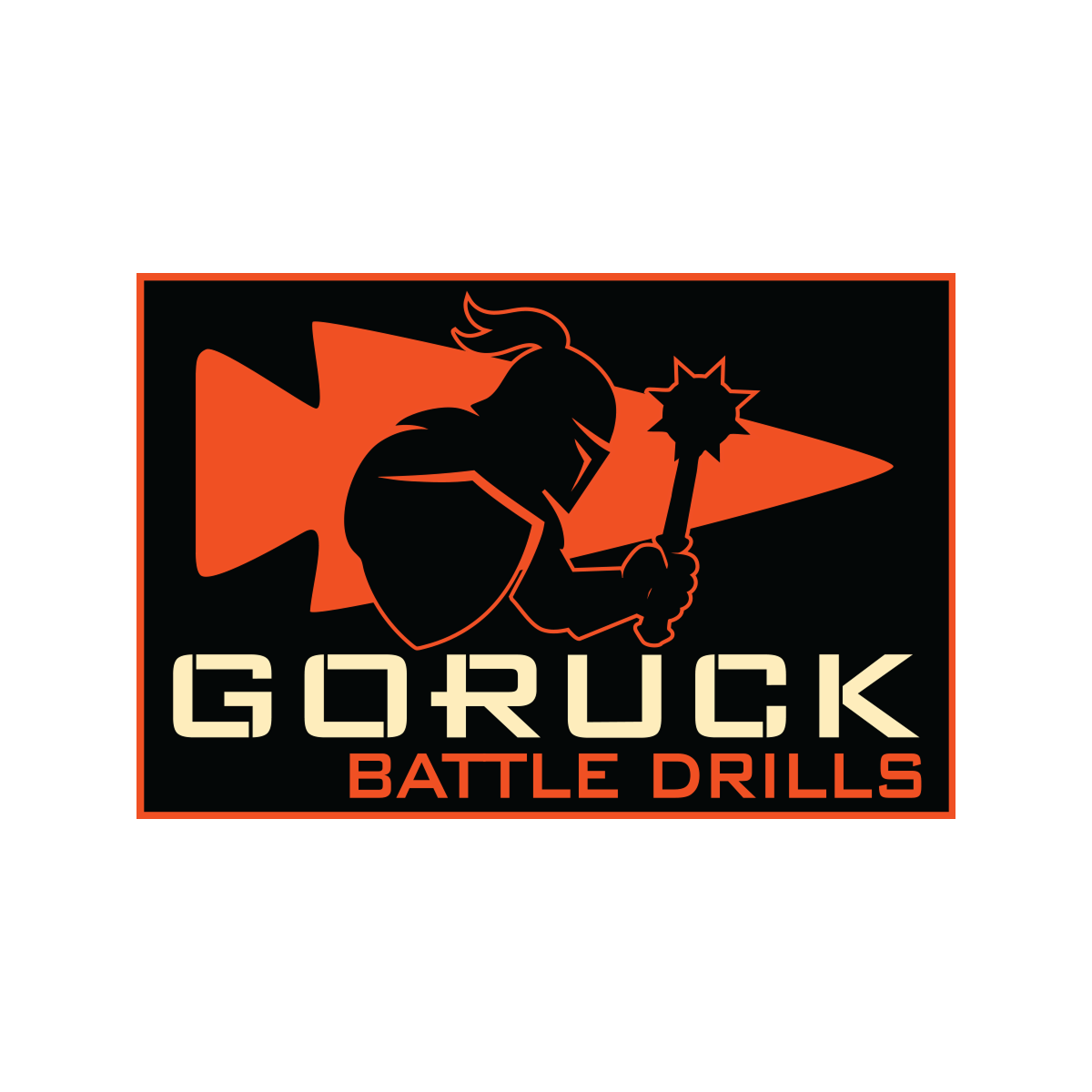 Logo with a knight holding a mace, orange arrow background, and 