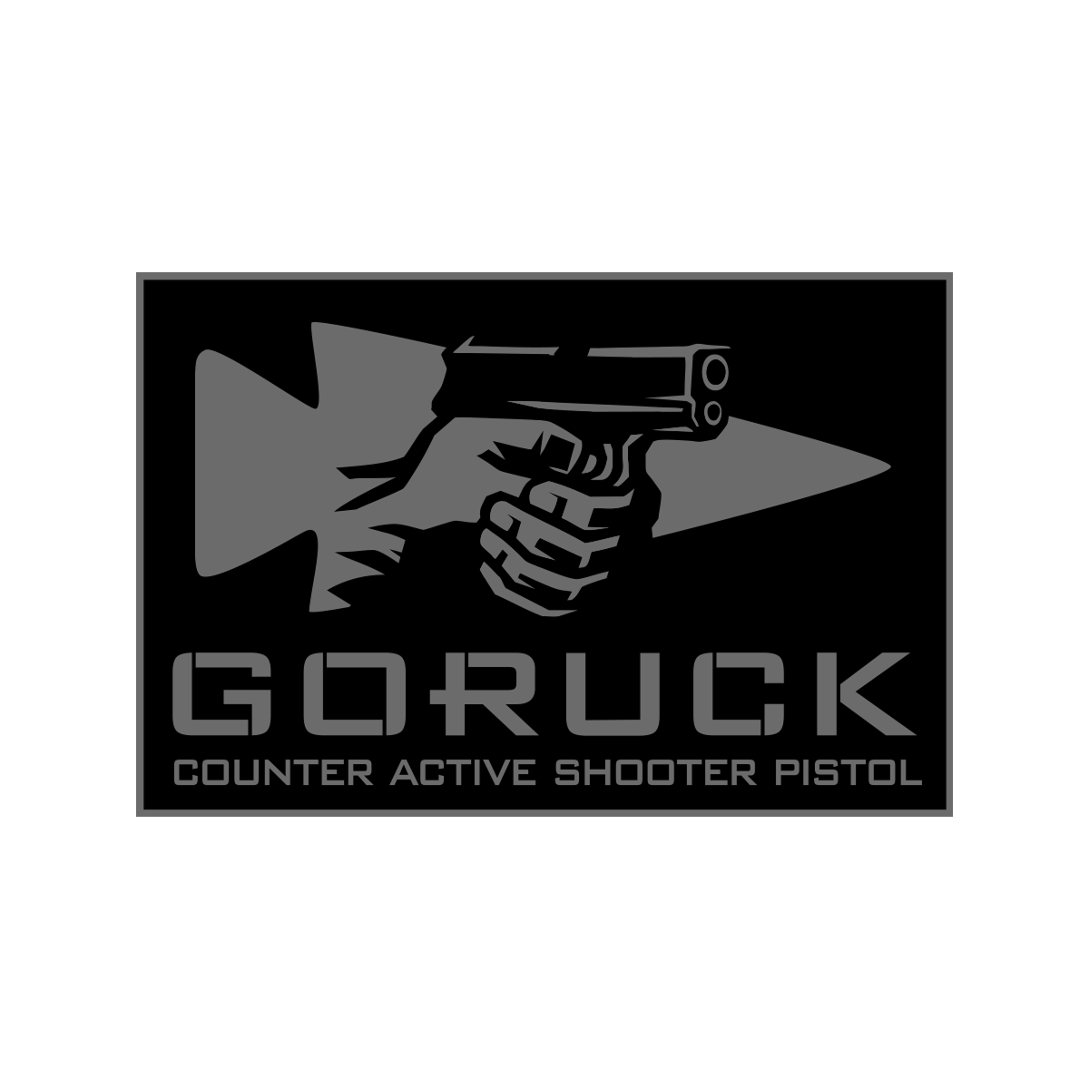 A hand holding a pistol with an arrow behind it, and the text 