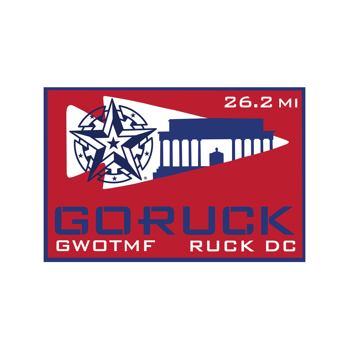 Celebrate your Washington D.C. City Ruck Weekend with this patch featuring a red, white, and blue GORUCK logo, 26.2 MI, a star, and the D.C. monument—ideal for commemorating your rucking achievements and events.
