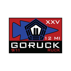 GORUCK 9/11 ruck patch with Pentagon, Twin Towers graphic, XXV, 12 MI text on red and blue