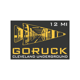 Yellow and black badge for "The Underground Ruck - Cleveland, OH" features a tunnel graphic, inspired by GORUCK Challenge rucking events—an achievement Rocky Balboa would admire.