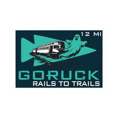 GORUCK Rails to Trails event logo with train, ghost, and 12 MI distance.