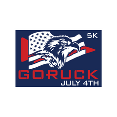 Blue background logo featuring an eagle, American flag, and "5K GORUCK JULY 4TH" text, promoting the 4th of July - Atlanta, GA rucking event.