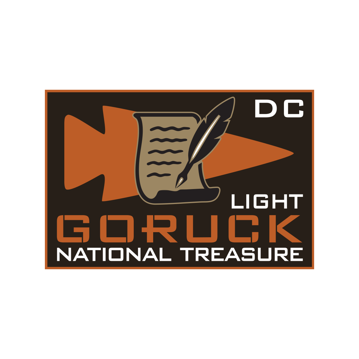 Show your DC rucking pride with the National Treasure Ruck - DC 4/24-4/25 patch, featuring a scroll, feather, and orange arrow—part of the City Rucking Series at GORUCK events.