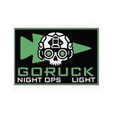 GORUCK Night Ops Light patch with skull in helmet and green arrow on black background