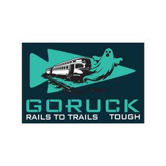 GORUCK Rails to Trails Tough logo with ghost and train graphic on teal background