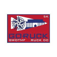 The Washington D.C. City Ruck Weekend patch features a red and blue GO RUCK logo, a star, the Lincoln Memorial, and "5K GWOTMF RUCK DC" text, symbolizing rucking challenges during this GORUCK event.