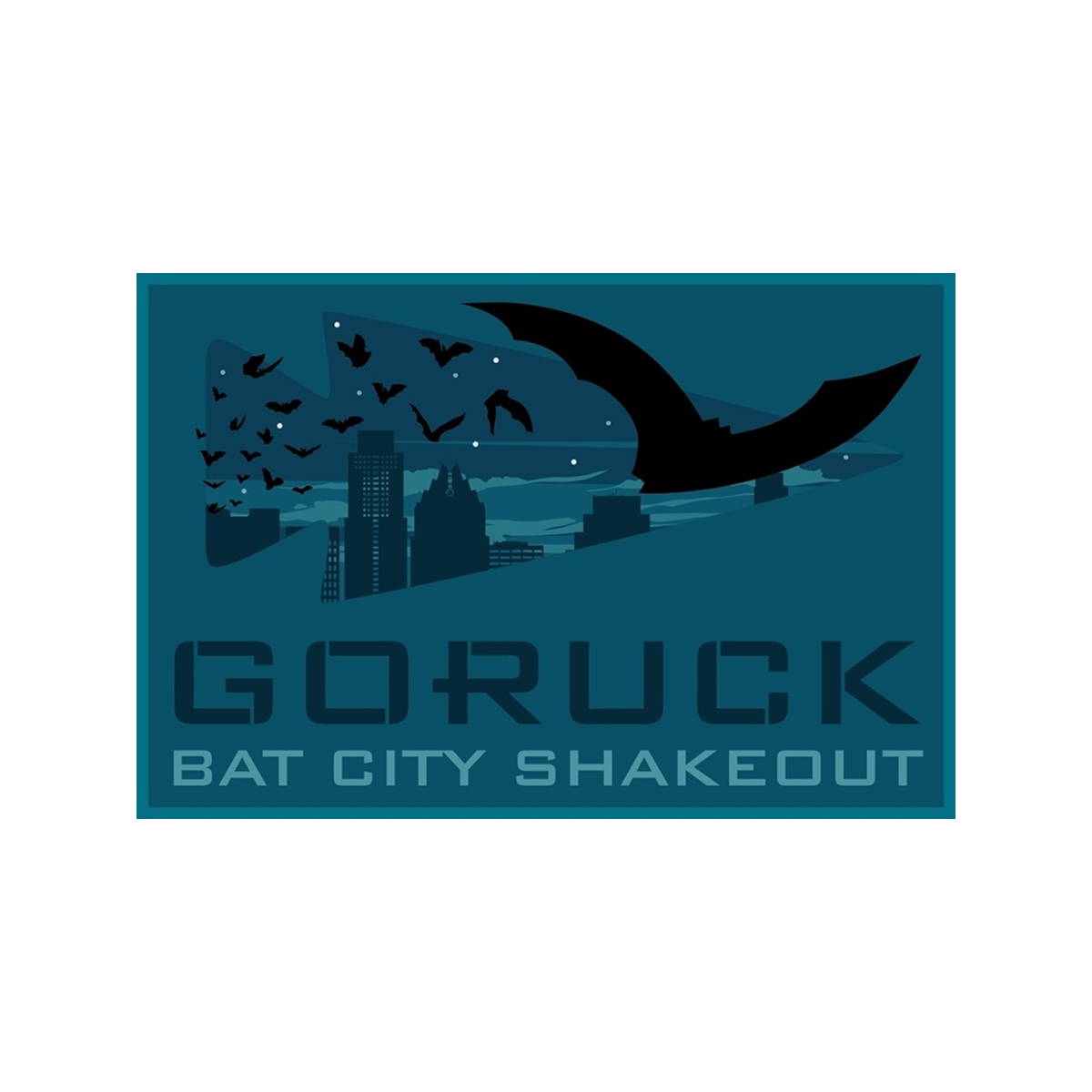 Logo with bats flying over a city skyline and 