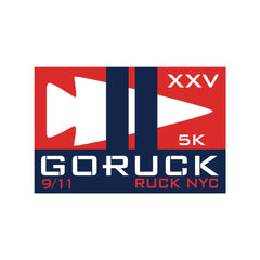 GORUCK 9/11 Ruck NYC event logo with arrowhead, 5K, XXV, and red, white, blue design.