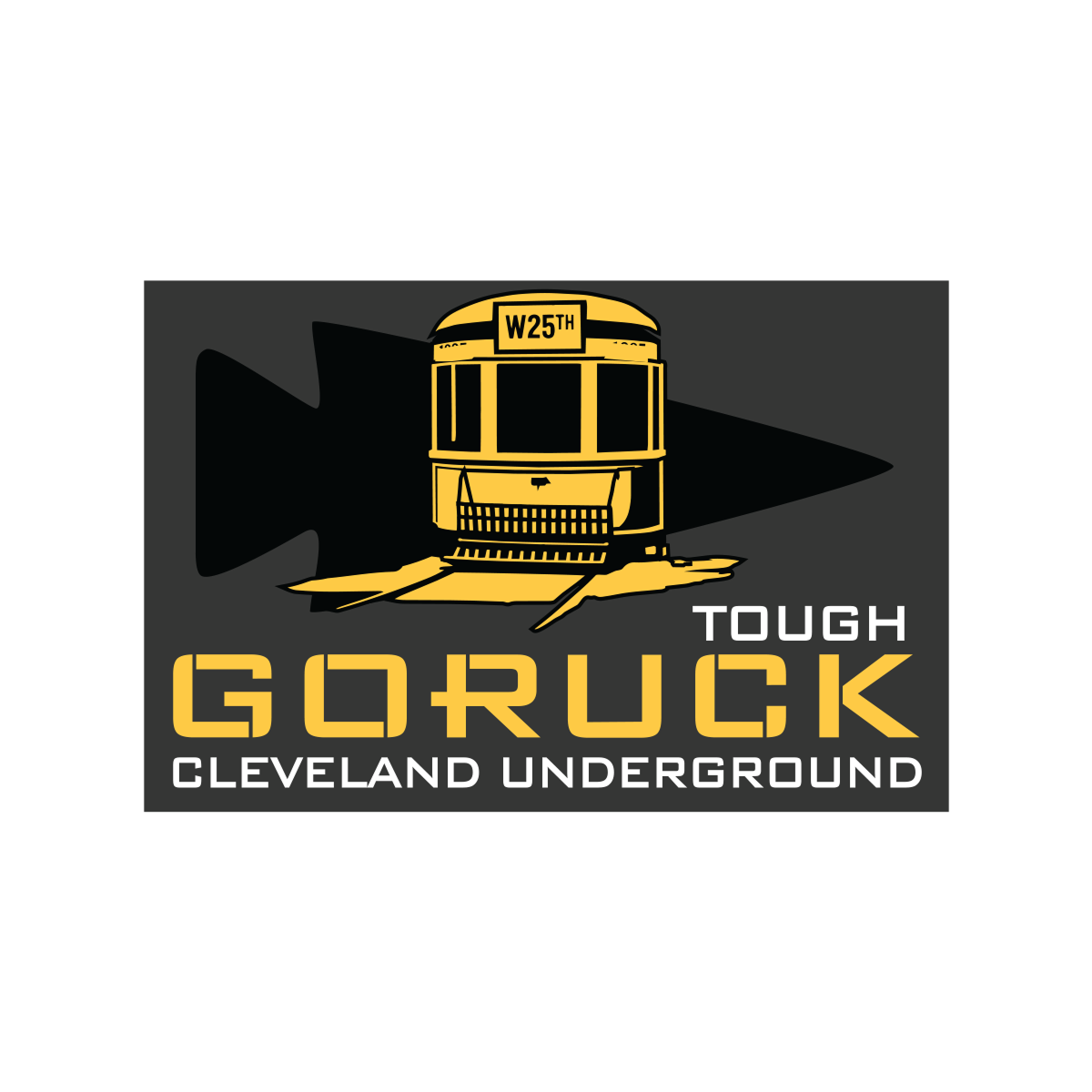 A yellow streetcar and arrow appear above 