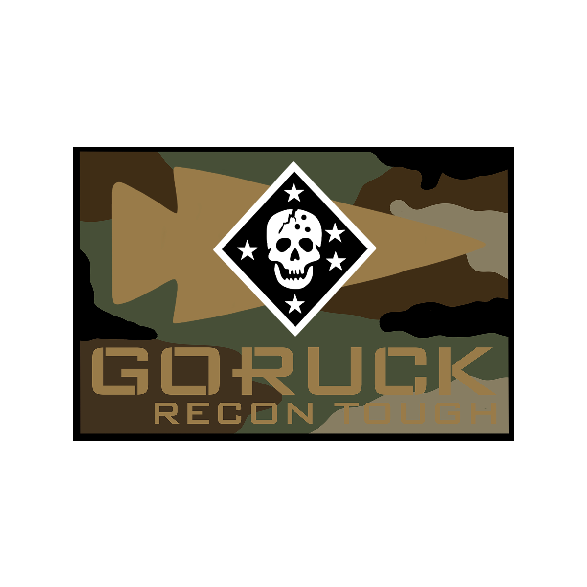 GORUCK Recon Tough logo with skull and stars on camouflage background