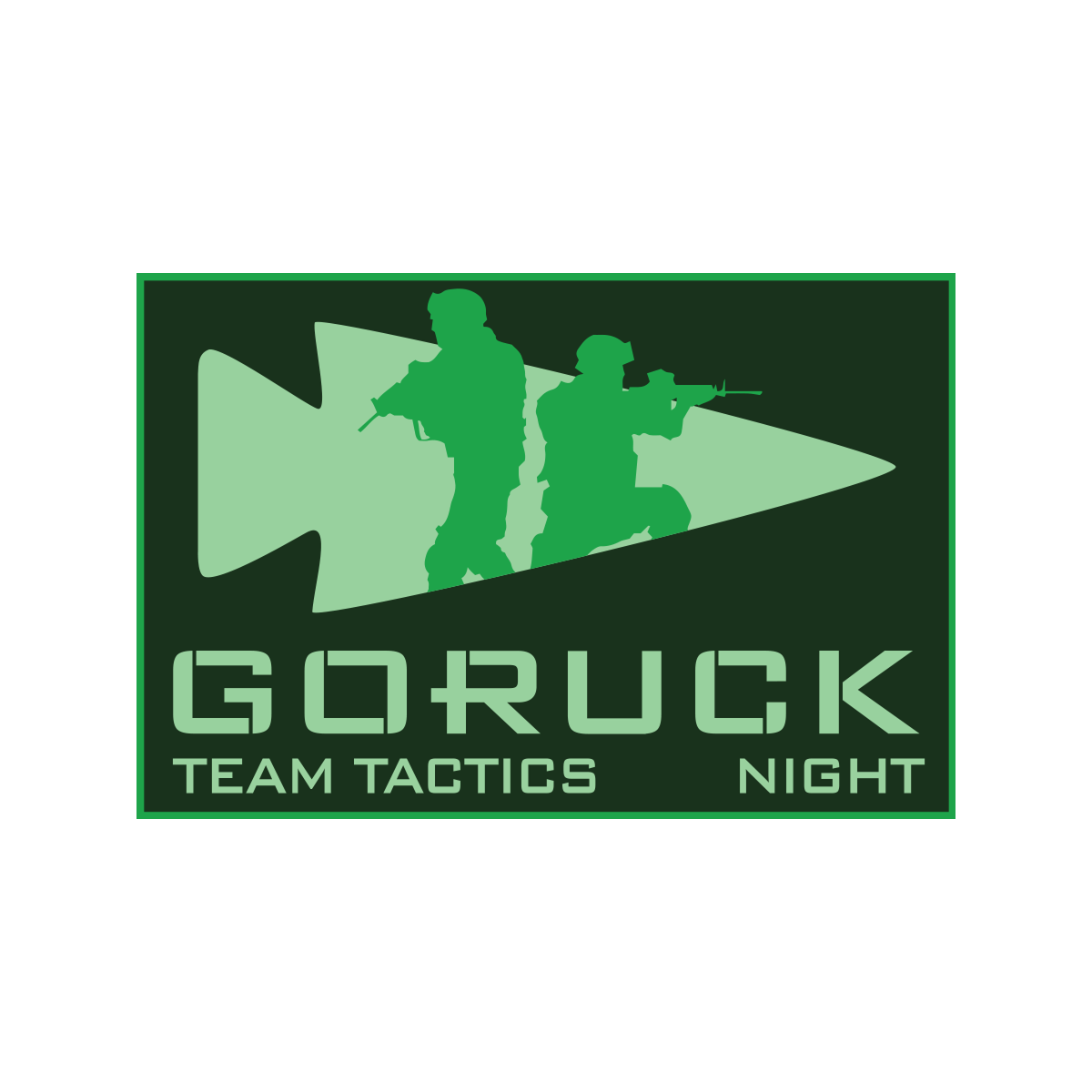Green logo with two armed soldiers and a large arrow, displaying 