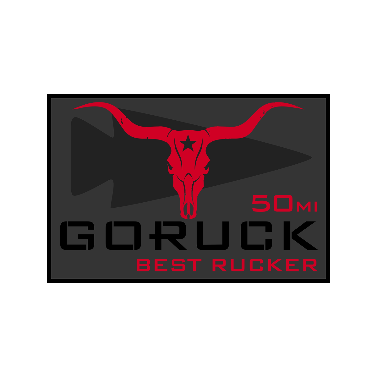 Celebrate your Ruckapalooza ATX - Fitness Party & City Ruck Weekend achievement with the 50mi Best Rucker badge, featuring a red longhorn skull and star on a dark background—perfect for any Austin festival or fitness event.