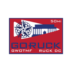 Commemorate your rucking achievements with the Washington D.C. City Ruck Weekend patch featuring red, white, and blue colors, "GORUCK 50MI GWOTMF RUCK DC," and a Lincoln Memorial design—ideal for any GORUCK event.