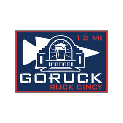 GORUCK Ruck Cincy patch with 12 mile text, landmark graphic, and beer glass illustration