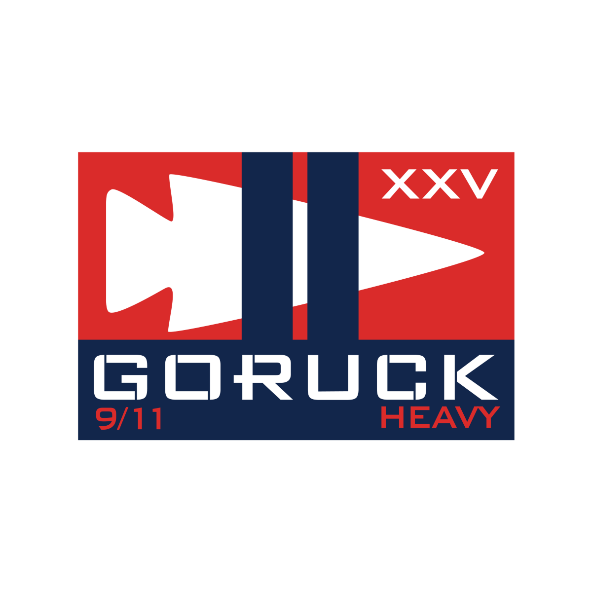 The GORUCK Heavy patch features a white arrowhead, two navy bars, and 