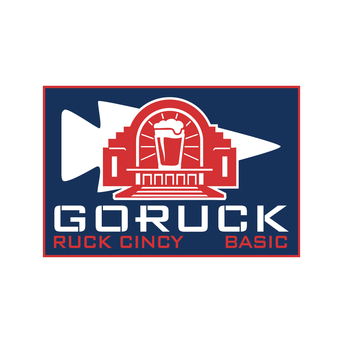 Celebrate National Beer Day in Cincinnati, OH (4/10-4/11) with this GORUCK Basic logo featuring a city building, craft beer glass, and white arrow on blue—ideal for rucking events or local festivities.