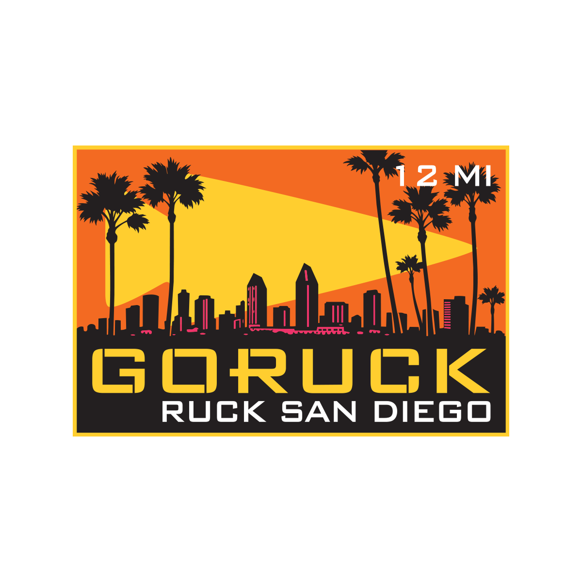 The Ruckapalooza San Diego - Fitness Party & City Ruck Weekend logo features palm trees and a city skyline on an orange and yellow backdrop, celebrating the ultimate rucking challenge.