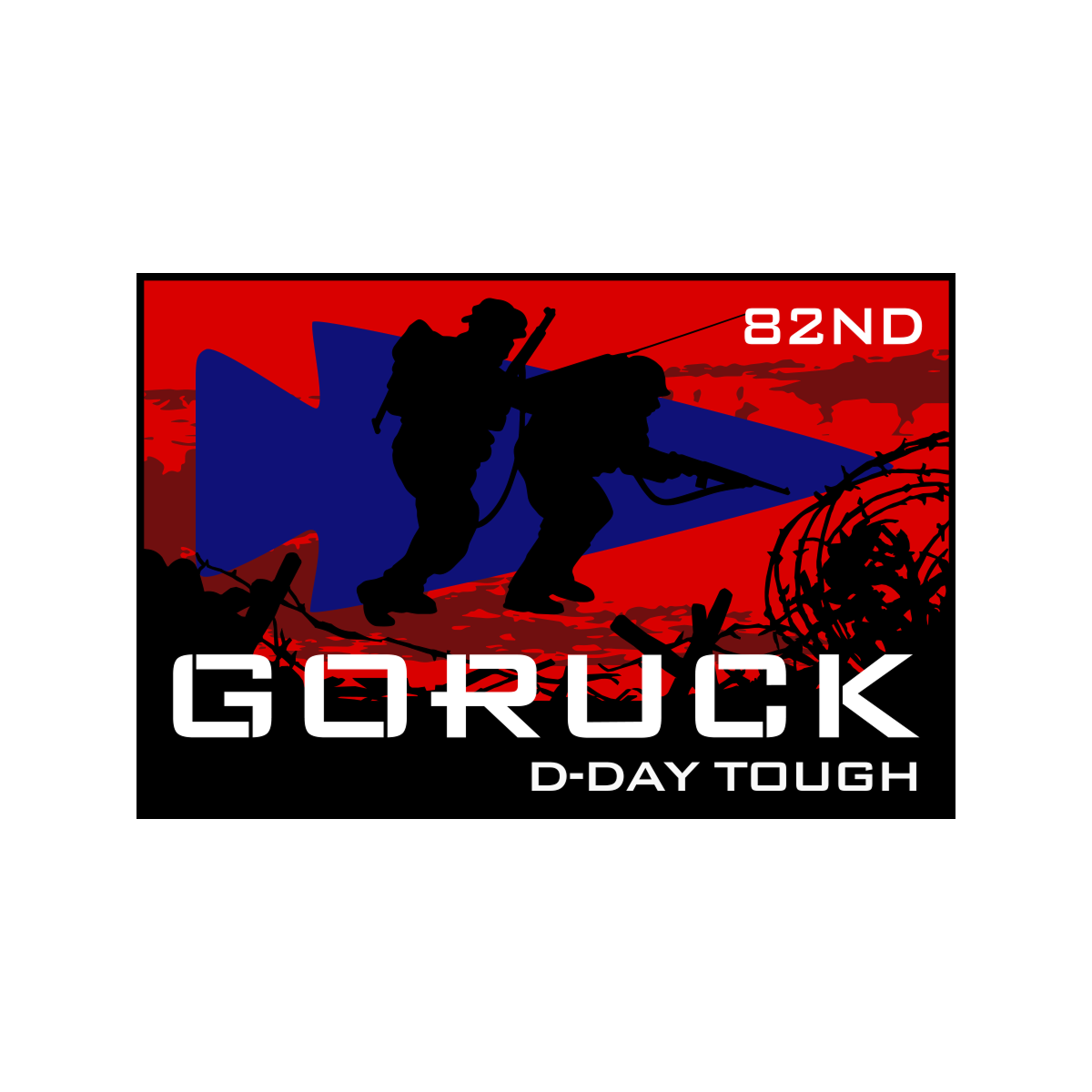 Two soldiers silhouetted on a red background with barbed wire, a blue arrow, and the text: 