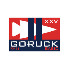 GORUCK 9/11 BASIC event logo with white arrowhead, blue stripes, red background, and XXV text