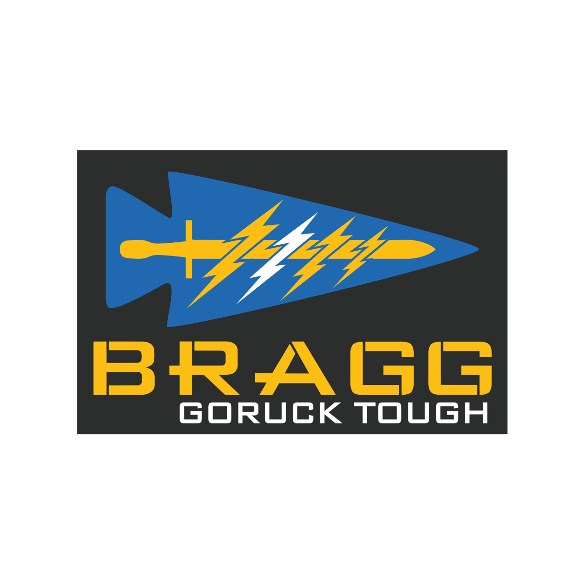 BRAGG 2027 features a blue spearhead with yellow and white lightning bolts, inspired by Special Forces training at Fort Bragg, above 