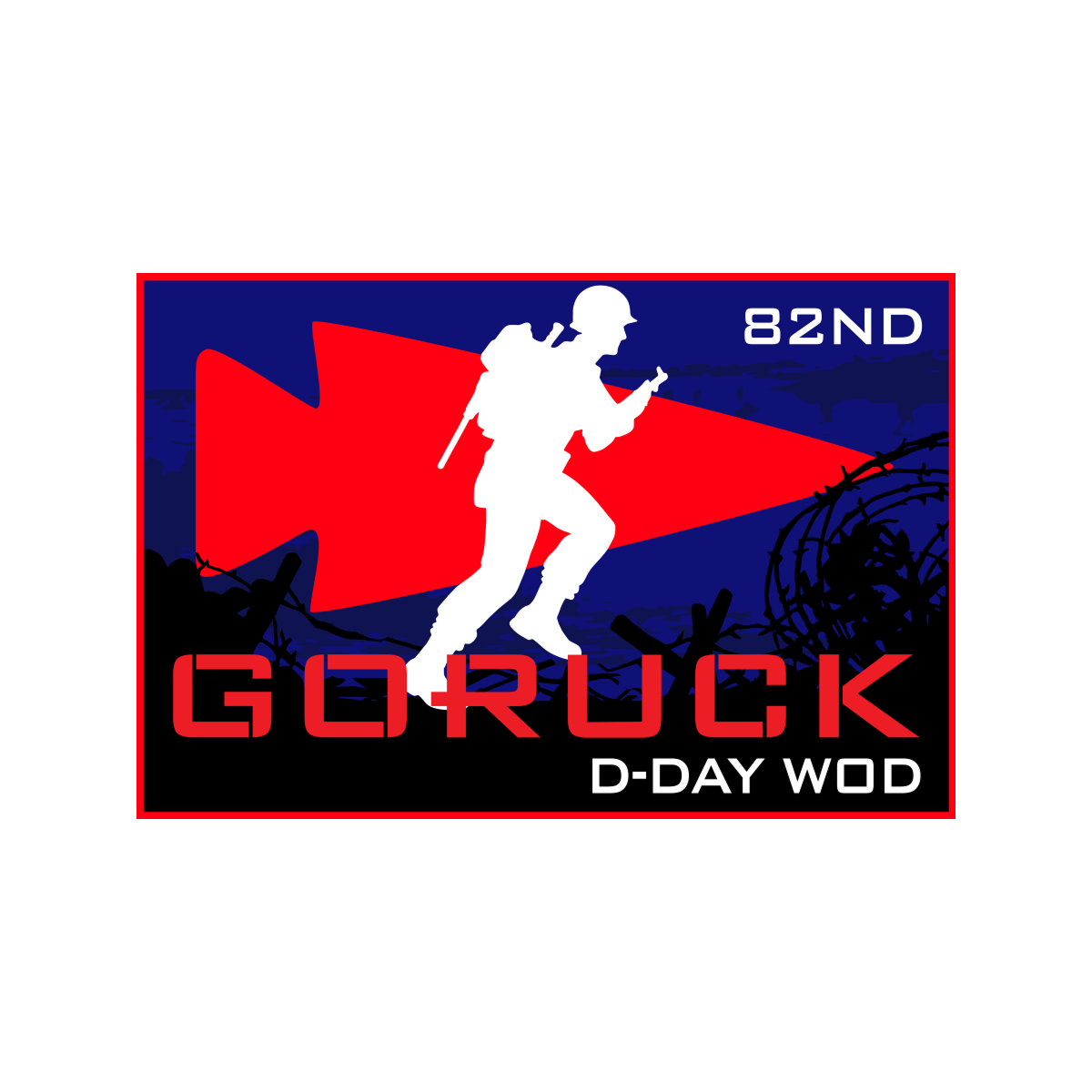 A patch for the Normandy Event Weekend features a soldier silhouette, red arrow, 