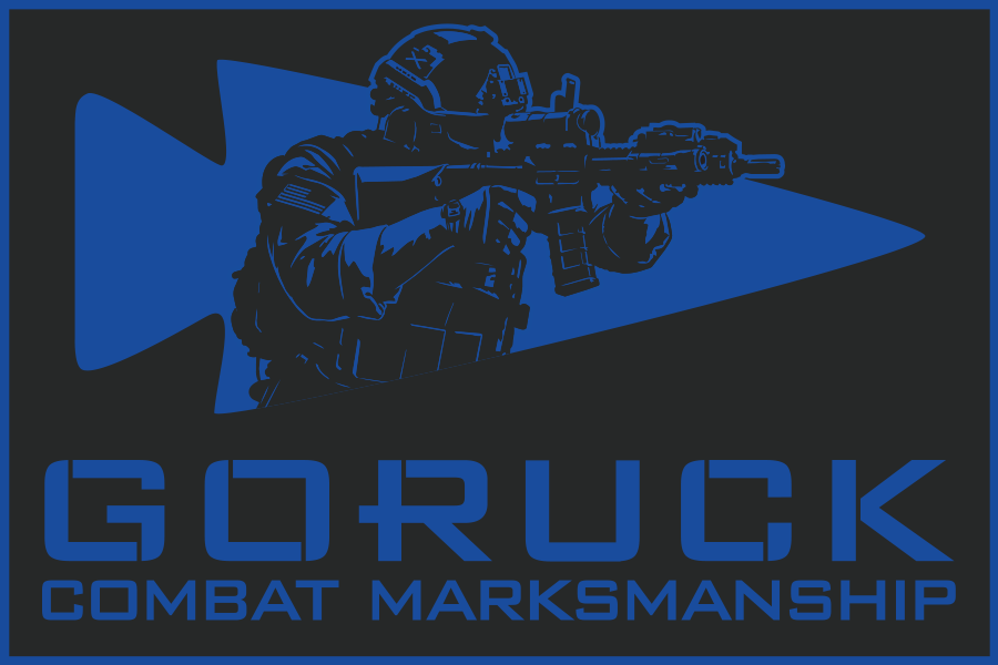 A soldier aiming a rifle over a blue arrowhead with the text: “GORUCK Combat Marksmanship,” capturing the intensity of tactical training and advanced expertise honed during the Capstone Tactical Weekend 2027.