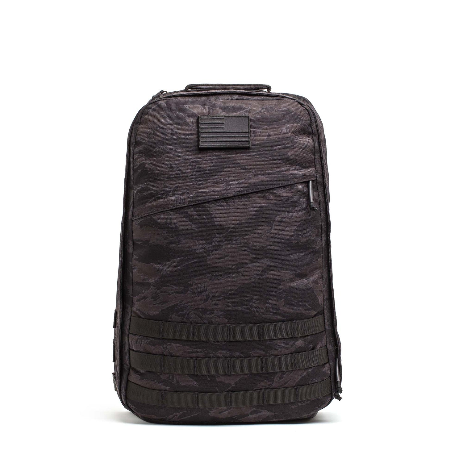The GR1 USA - Cordura is a black camouflage rucksack featuring a front zipper pocket, horizontal straps, and a top patch—perfect as an everyday carry backpack with Special Forces grade durability.