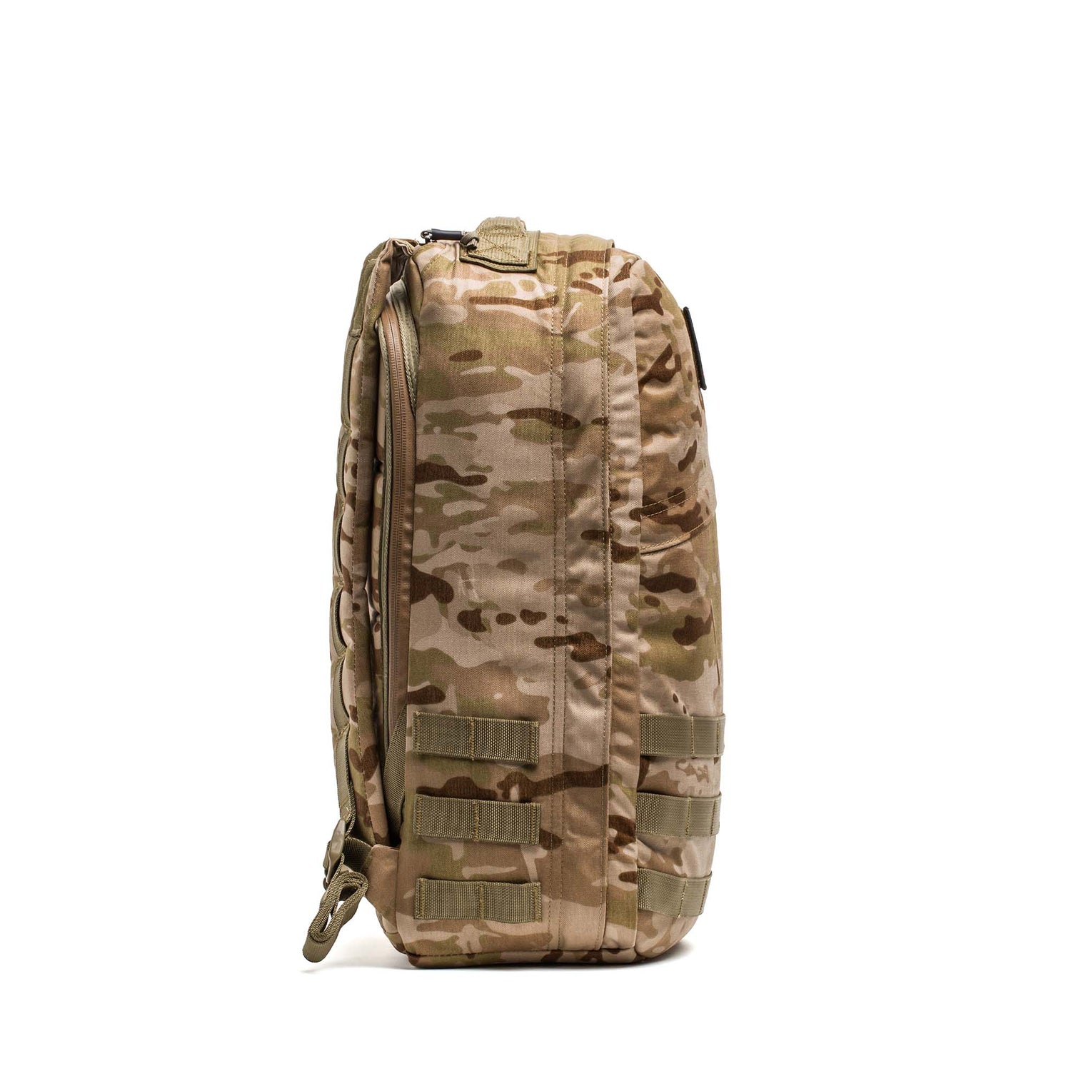 Side view of the GR1 USA - Cordura camouflage tactical backpack, made with Special Forces grade materials, multiple straps, and a zipper—ideal for everyday carry use. Set against a white background.