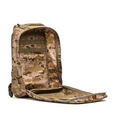 The GR1 USA - Cordura tan camouflage tactical backpack is open to show its interior compartments and mesh pocket, highlighting its Special Forces-grade materials—perfect for everyday carry, shown against a white background.
