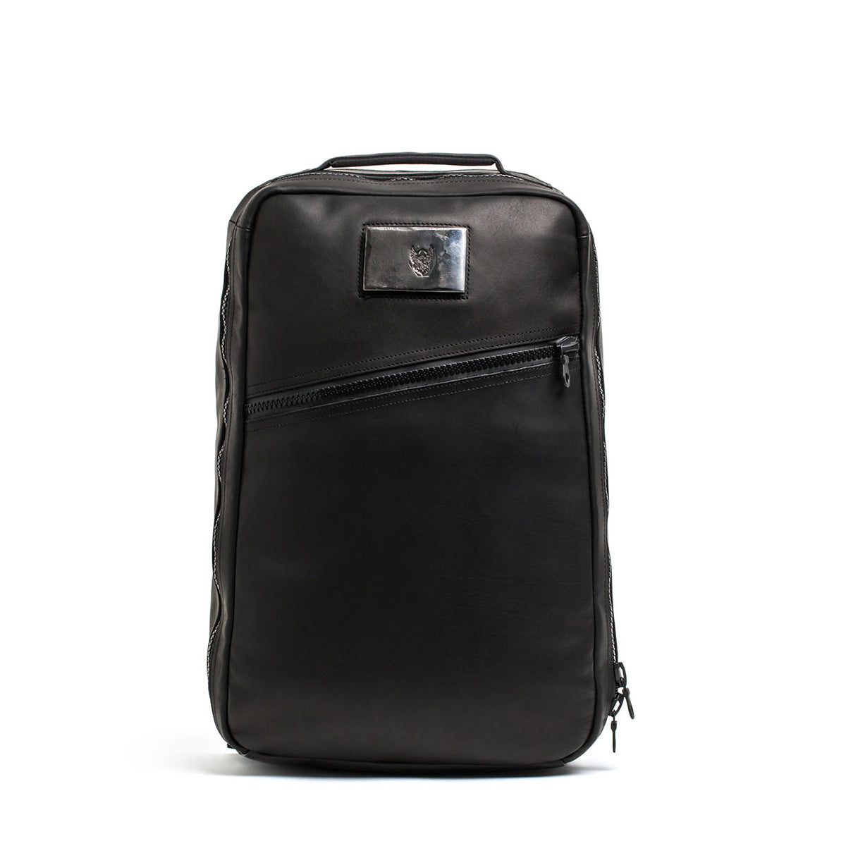 The GR1 USA x Carryology - Berserker Viking is a black leather backpack with a top handle and diagonal front zipper pocket, inspired by Vikings, shown on a white background.
