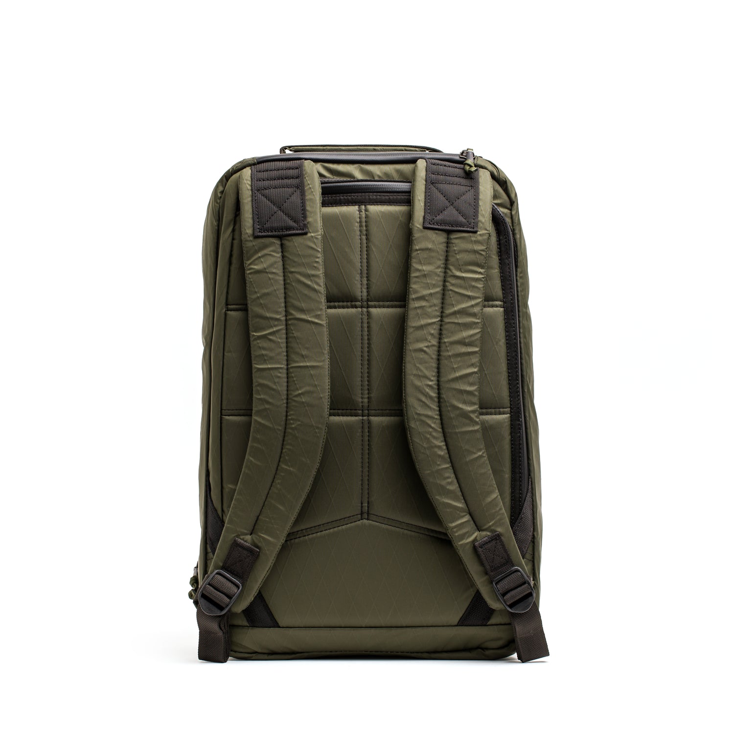 The GORUCK GR1 USA - X-PAC, a highly durable green backpack, is made from waterproof X-PAC fabric and features padded shoulder straps and a quilted back panel, shown from the rear.