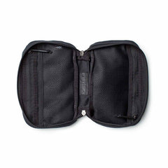 Open black zippered travel pouch with mesh pockets on both sides, empty and laid flat on a white background—ideal for organizing essentials or pairing with your GR1 Field Pocket - Waxed Canvas.
